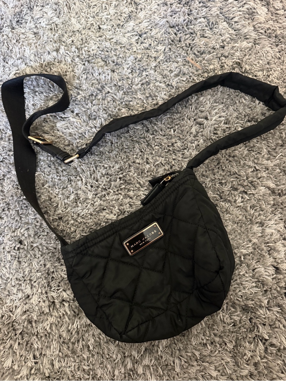 Marc Jacobs Black Quilted Crossbody with Gold Plaque Accent